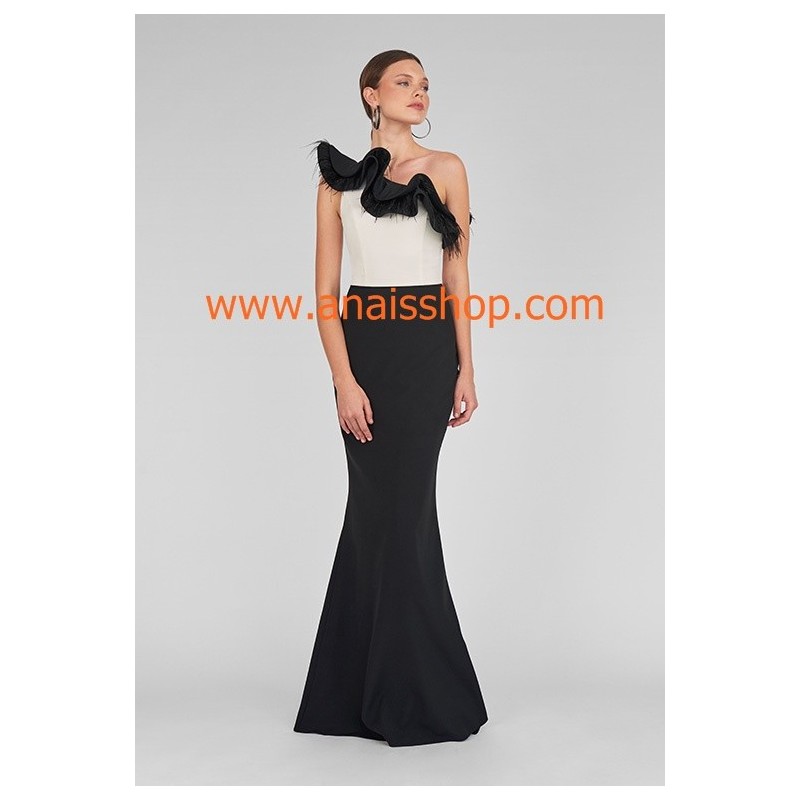 Visible Broma mudo 126179 vestido largo de fiesta con un solo hombro en blanco y negro